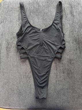 Matte Collection | Black One-Piece Swimsuit | Front Zip and Side Strap Accents